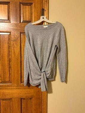 Lightweight Gray Knot-Front Crewneck Sweater